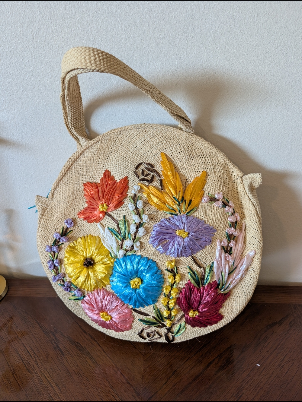 Vintage Round Straw Tote with Multicolor Floral Embroidery